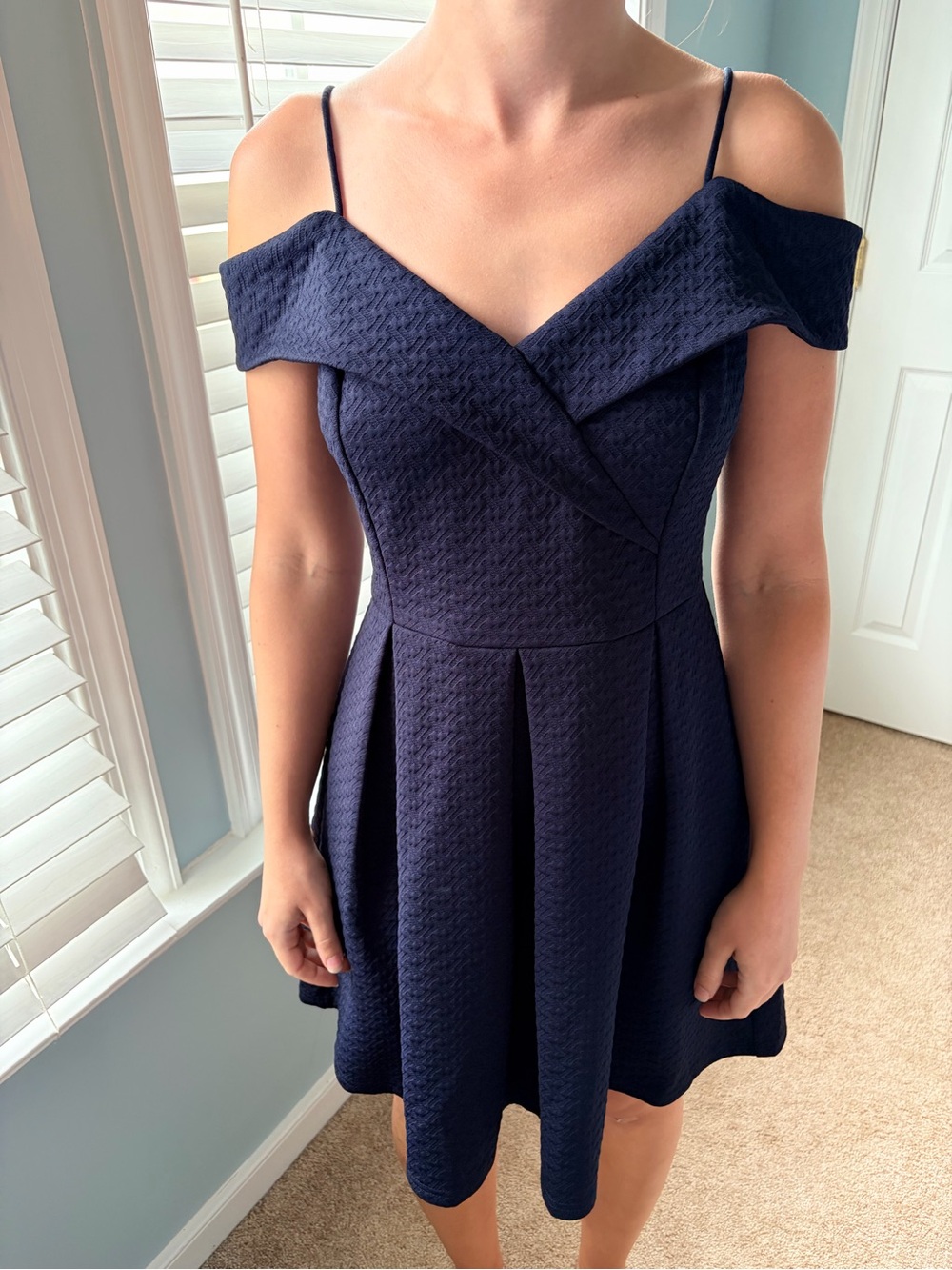 She + Sky Off-The-Shoulder Skater Dress 2018-2019 Dark Navy Blue Size Small